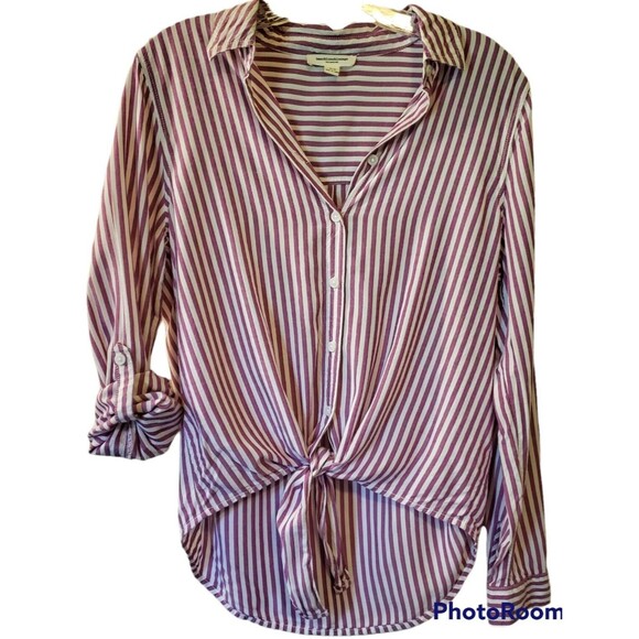 Beach Lunch Lounge Tops - Beach Lunch Lounge Striped Button Down Roll Tab Sleeves Sz Small Purple White